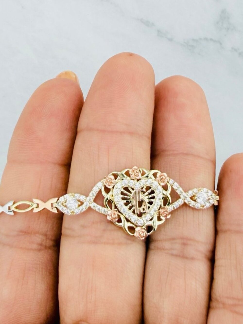 10K Gold Quinceañera Bracelet Sweet 15 Hearts Bracelet Mis 15 Años Gold Bracelet
